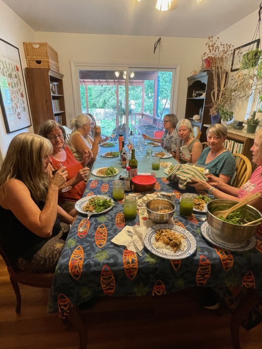 happy crones eight old women at a colorful table with food and drink